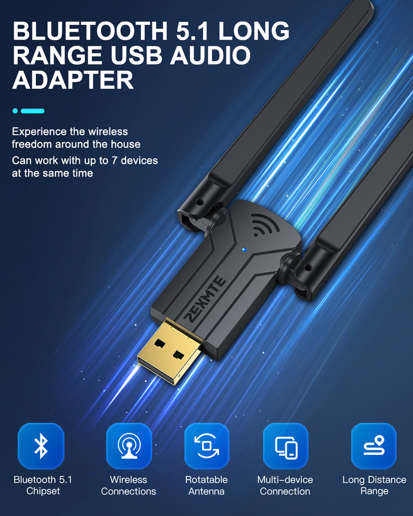 USB Bluetooth 5.3 EDR Adapter, Long Range Bluetooth Dongle PC
