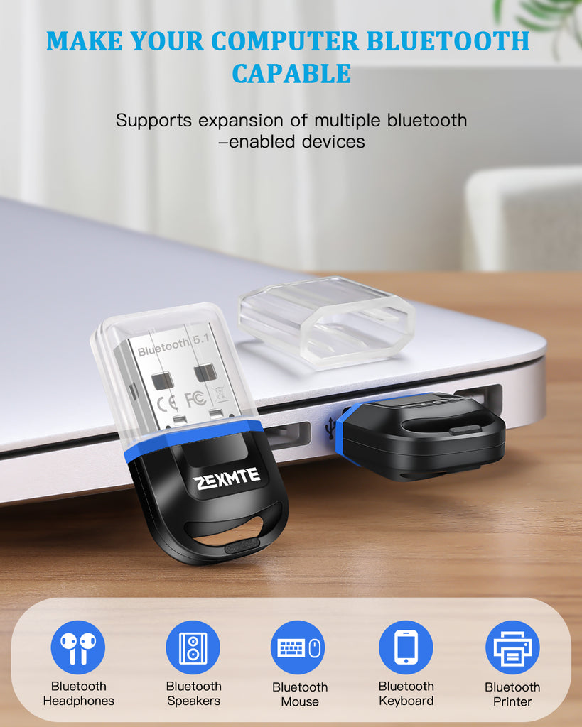 ZEXMTE Adaptador Bluetooth para PC, adaptador USB Bluetooth Dongle 5.0 EDR  para computadora de escritorio, portátil, teclado, ratón, auriculares